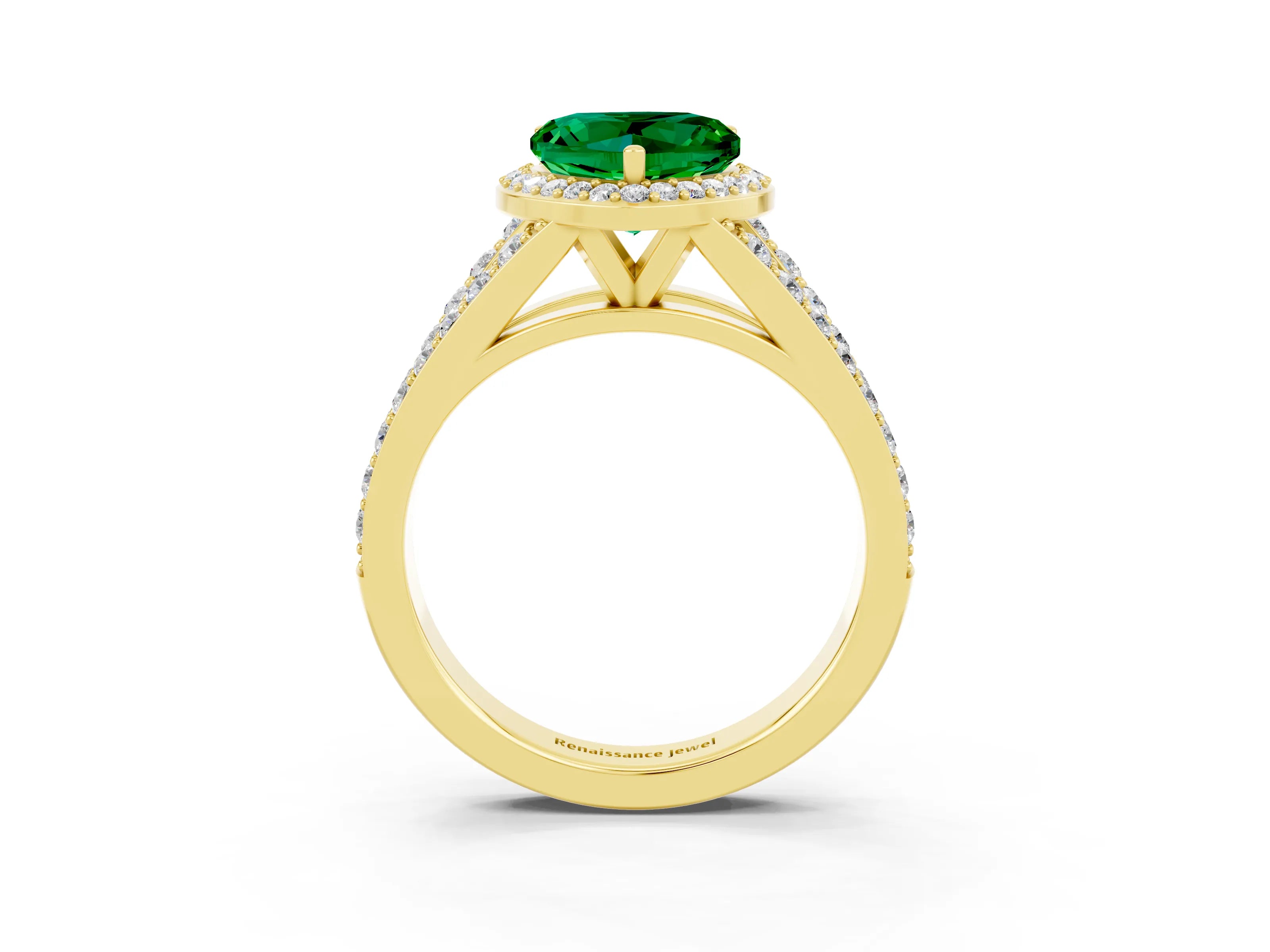 Yellow gold Heart Cut Emerald Split Shank Halo Ring with Four-Prong Setting_15