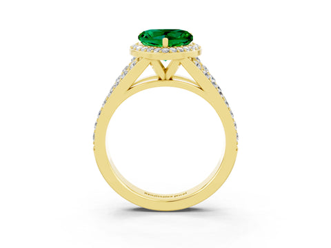Yellow gold Heart Cut Emerald Split Shank Halo Ring with Four-Prong Setting_15