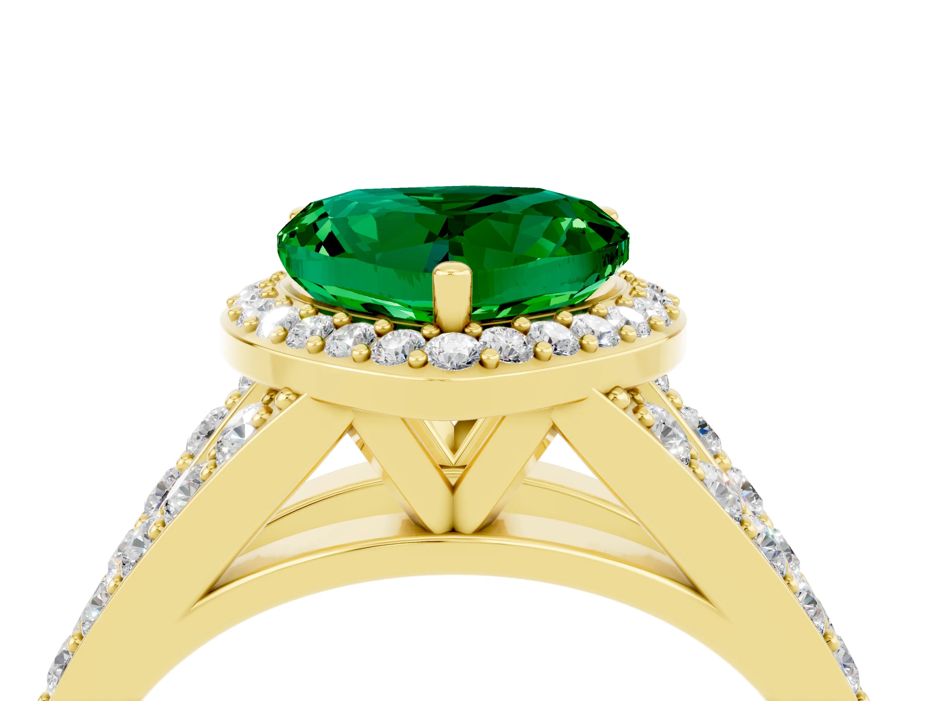Yellow gold Heart Cut Emerald Split Shank Halo Ring with Four-Prong Setting_16