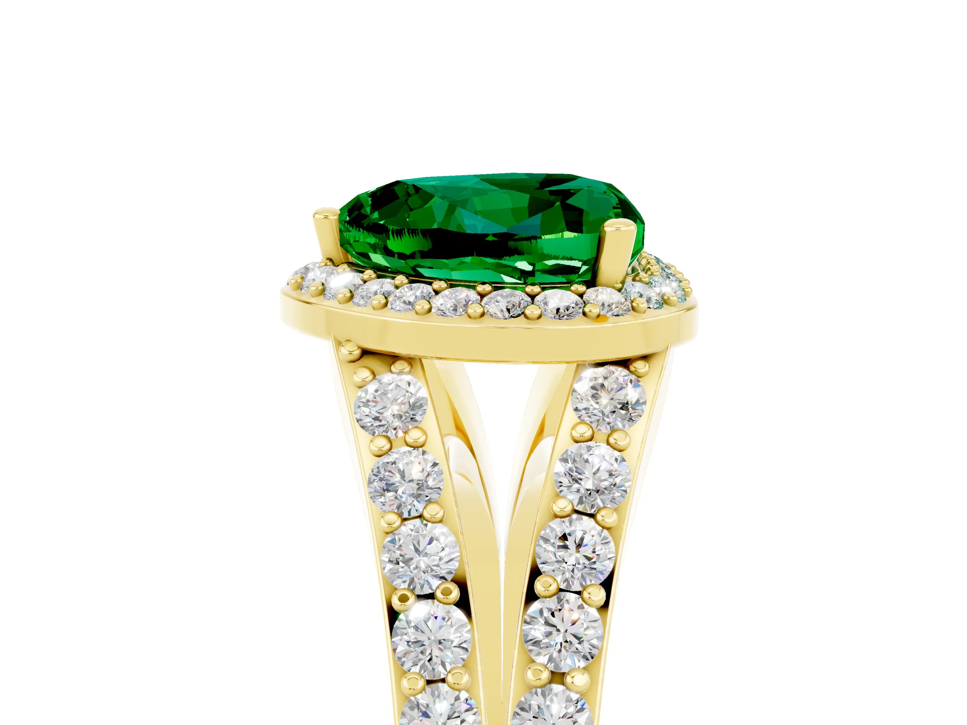 Yellow gold Heart Cut Emerald Split Shank Halo Ring with Four-Prong Setting_17