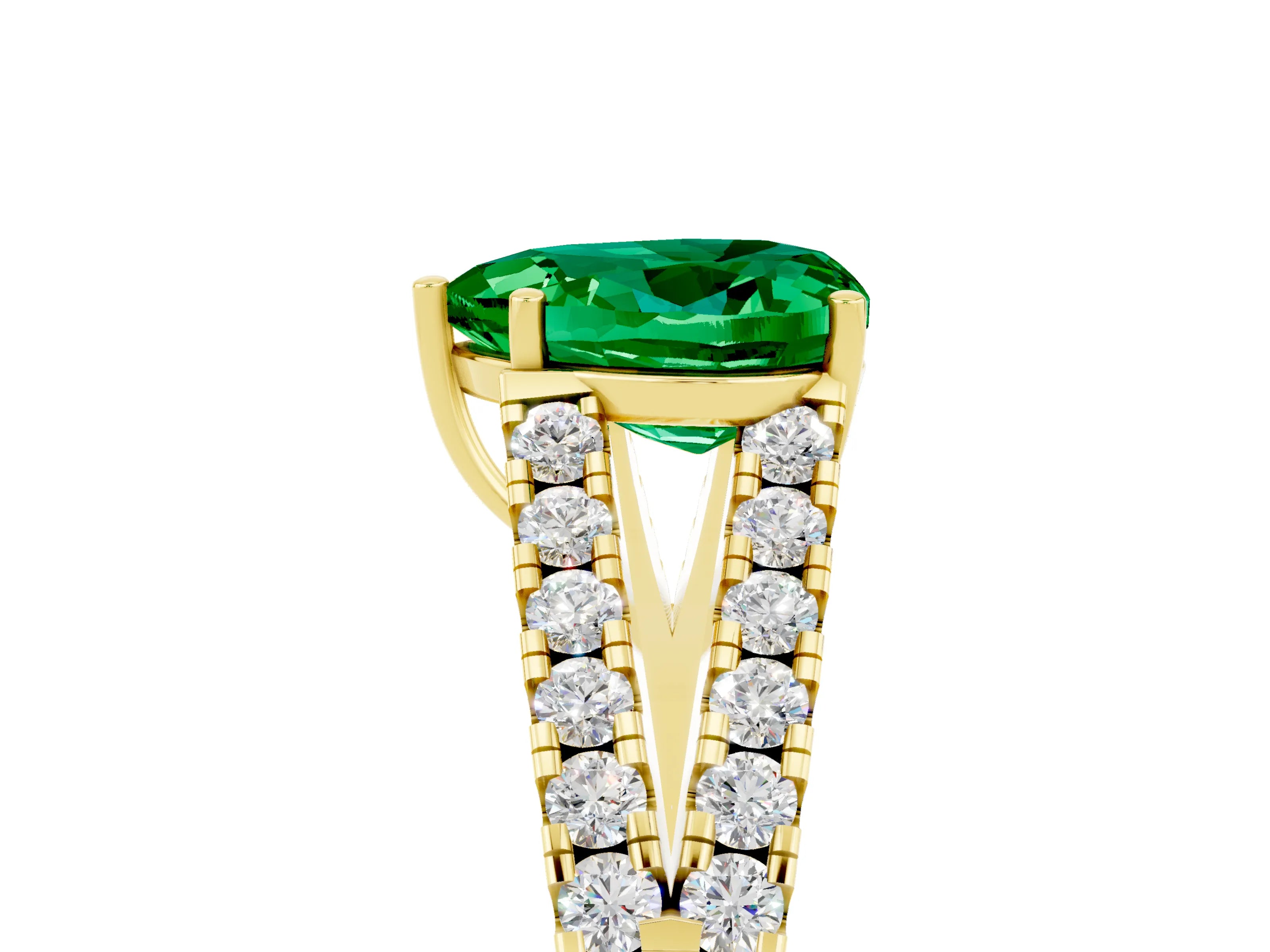Yellow gold Heart Cut Emerald Split Shank Pavé Engagement Ring with Four-Prong Setting_17