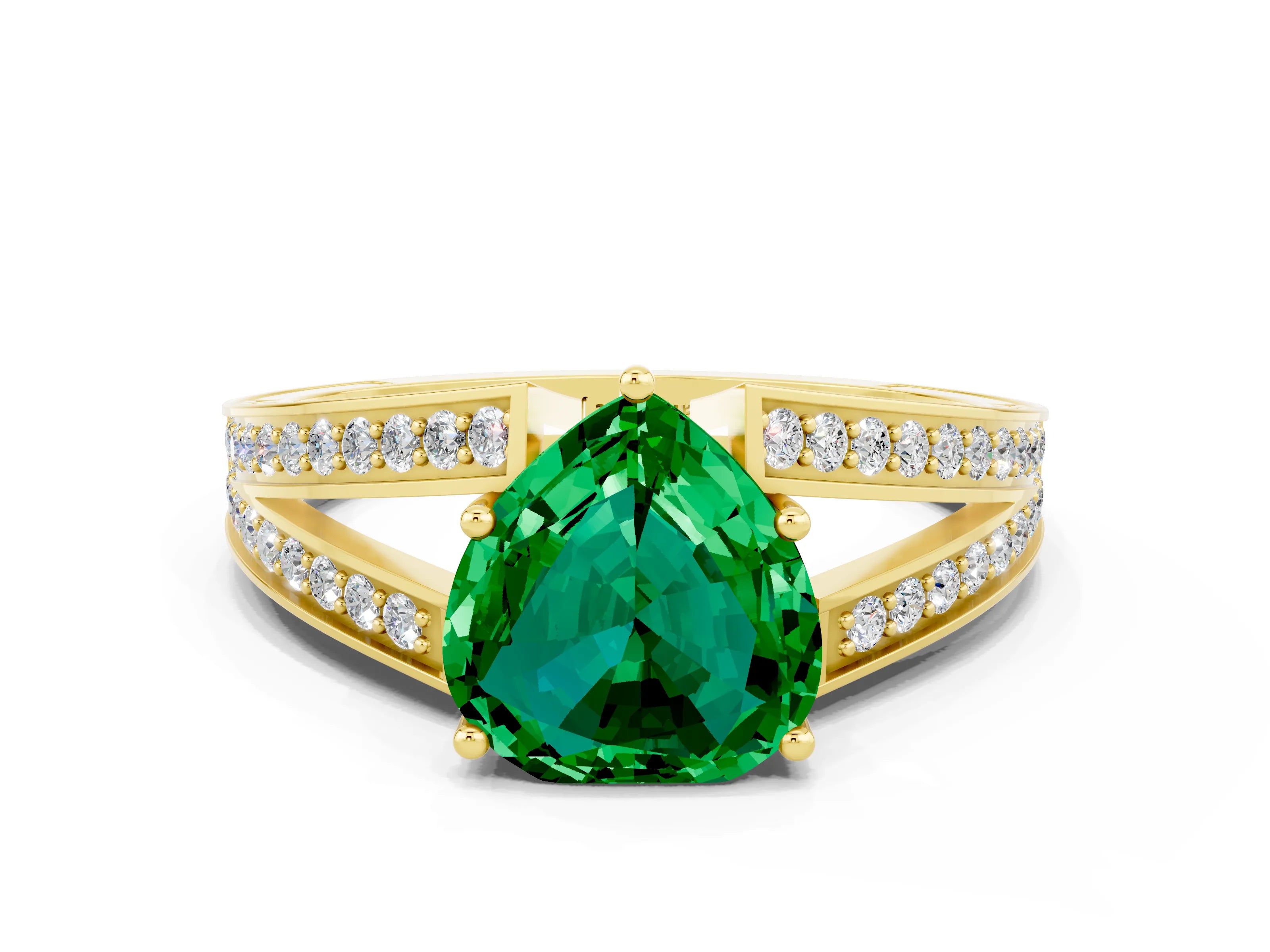 Yellow gold Heart Cut Emerald Split Shank Ring with Pavé Band and Four-Prong Setting