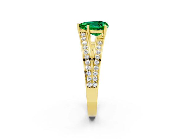 Yellow gold Heart Cut Emerald Split Shank Ring with Pavé Band and Four-Prong Setting