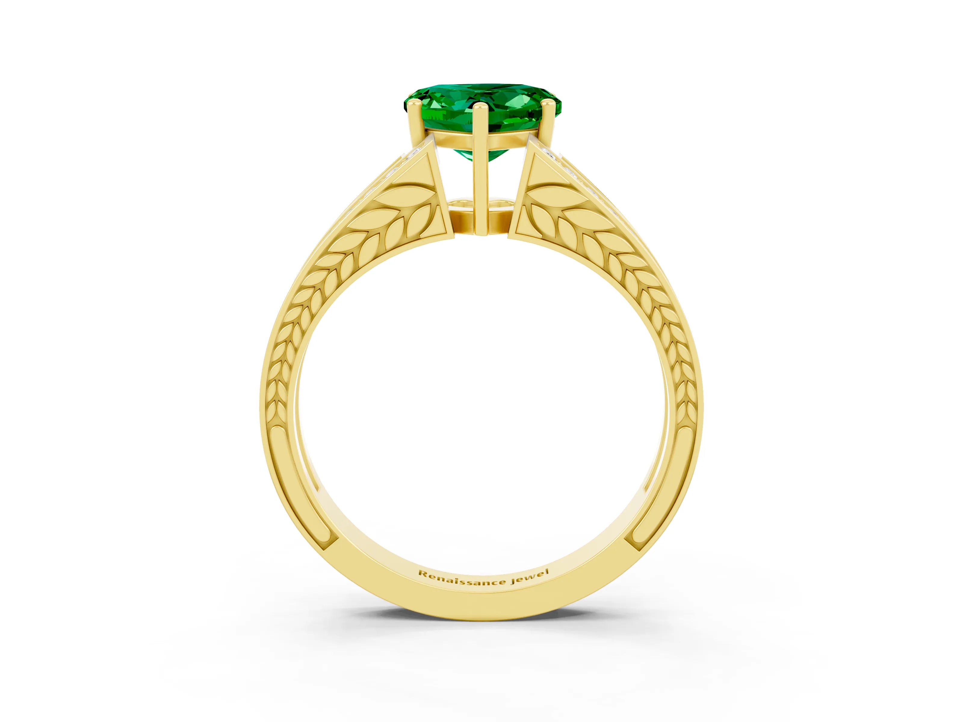 Yellow gold Heart Cut Emerald Split Shank Ring with Pavé Band and Four-Prong Setting_3