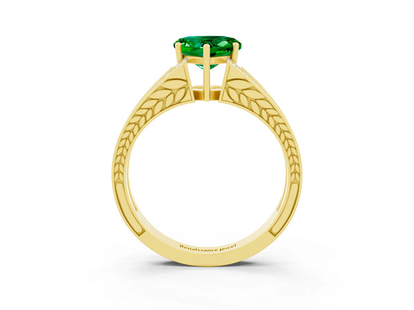 Yellow gold Heart Cut Emerald Split Shank Ring with Pavé Band and Four-Prong Setting