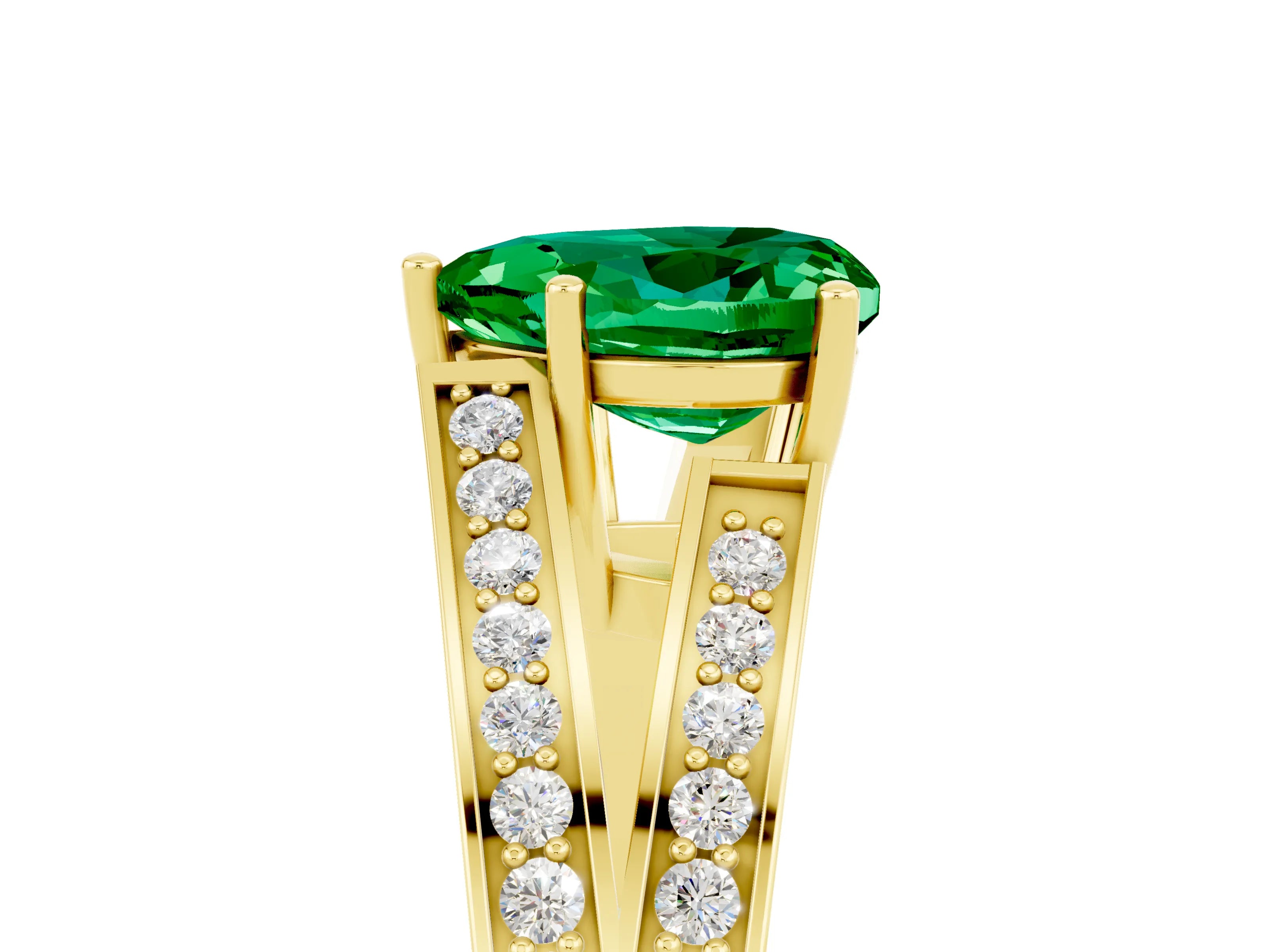 Yellow gold Heart Cut Emerald Split Shank Ring with Pavé Band and Four-Prong Setting_5