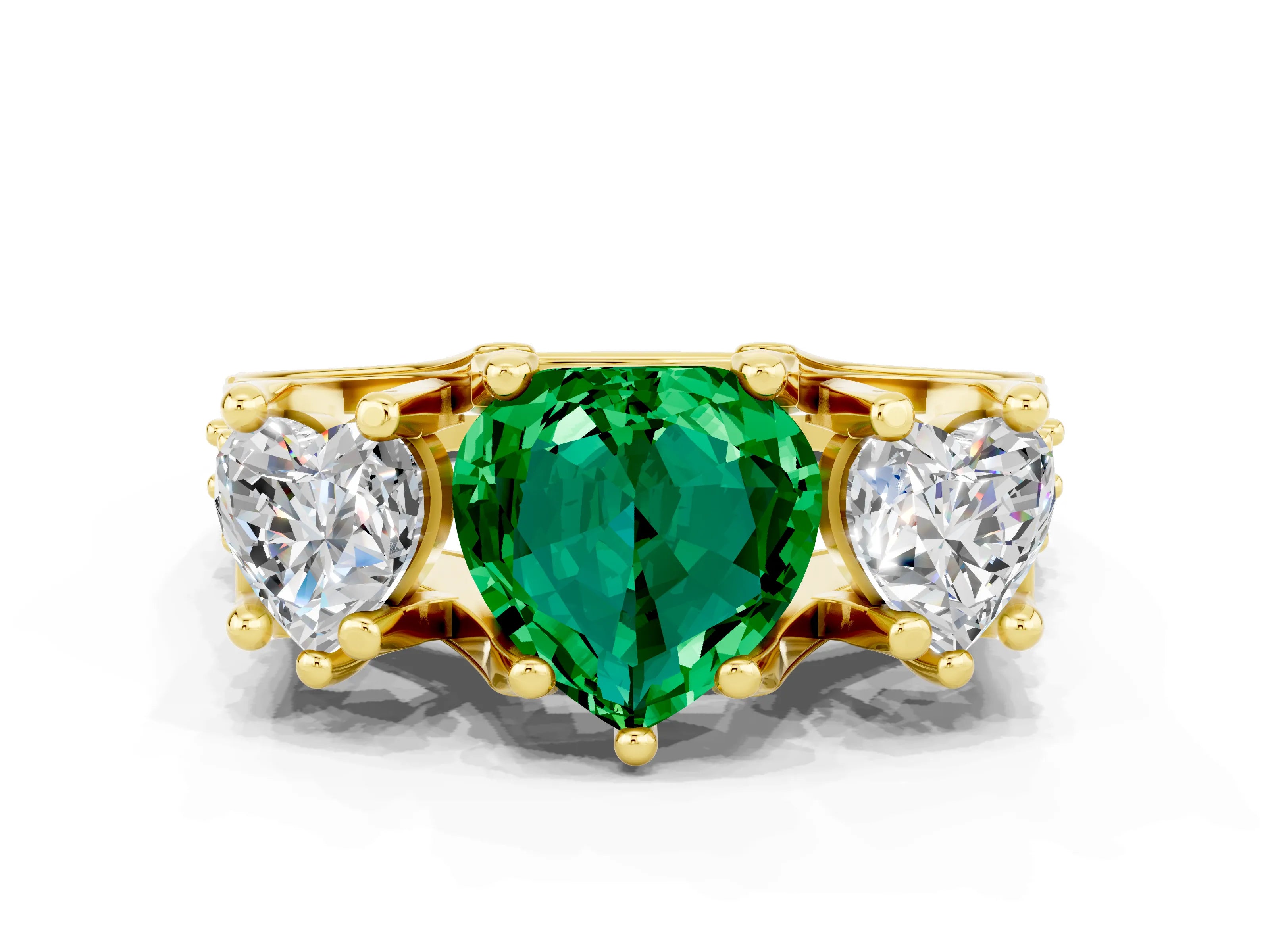 Yellow gold Heart Cut Emerald Three-Stone Ring with Channel Set Band and Four-Prong Setting