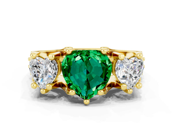 Yellow gold Heart Cut Emerald Three-Stone Ring with Channel Set Band and Four-Prong Setting