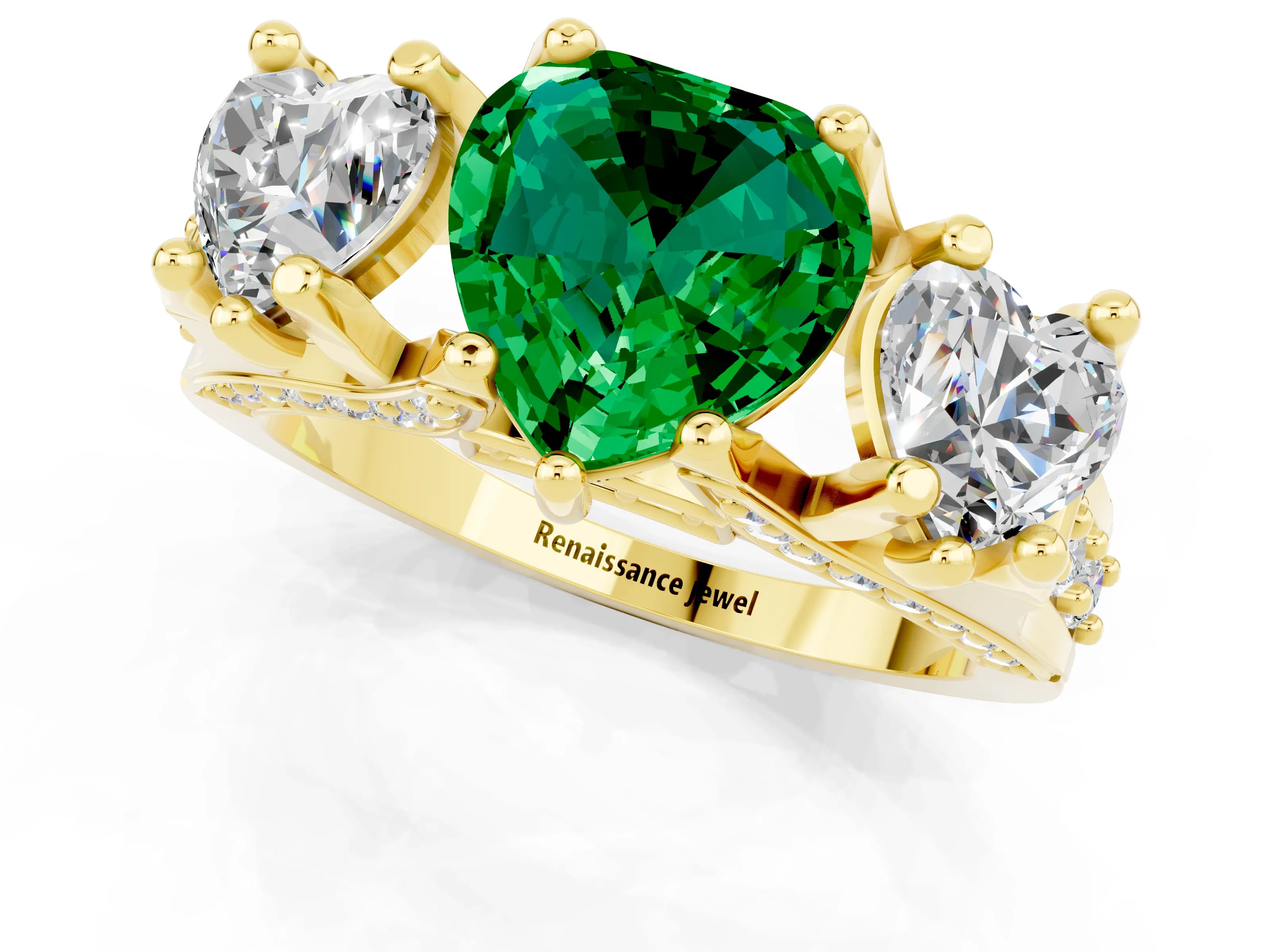 Yellow gold Heart Cut Emerald Three-Stone Ring with Channel Set Band and Four-Prong Setting_1
