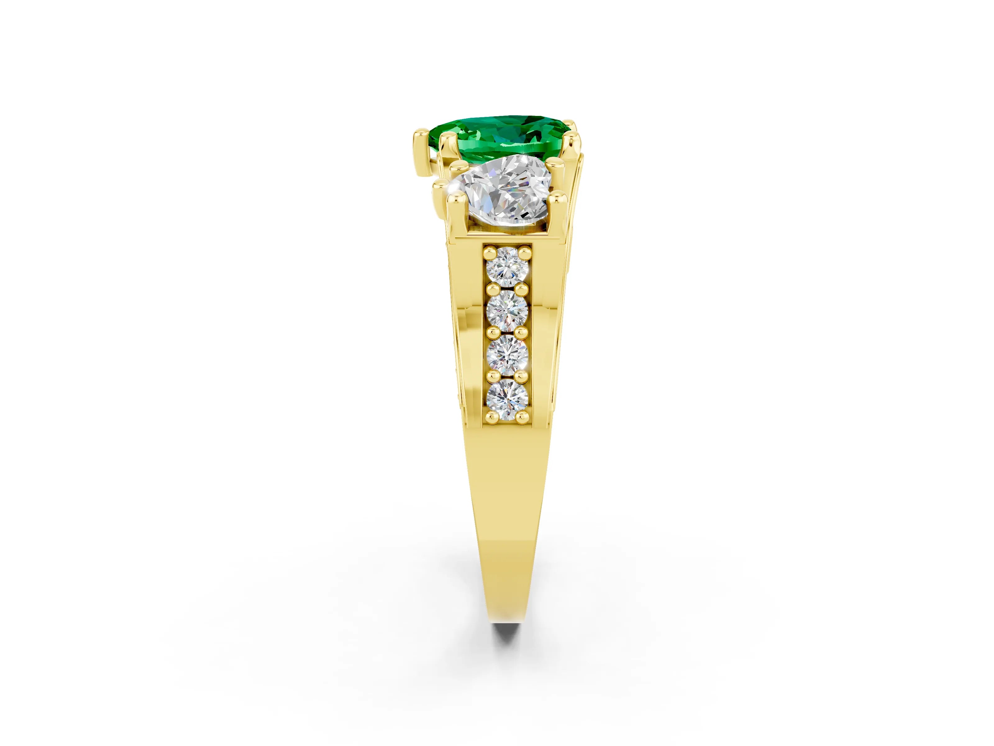 Yellow gold Heart Cut Emerald Three-Stone Ring with Channel Set Band and Four-Prong Setting_2
