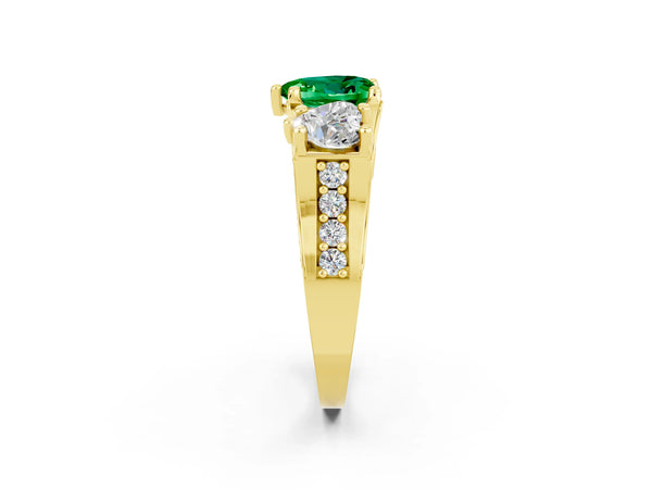 Yellow gold Heart Cut Emerald Three-Stone Ring with Channel Set Band and Four-Prong Setting