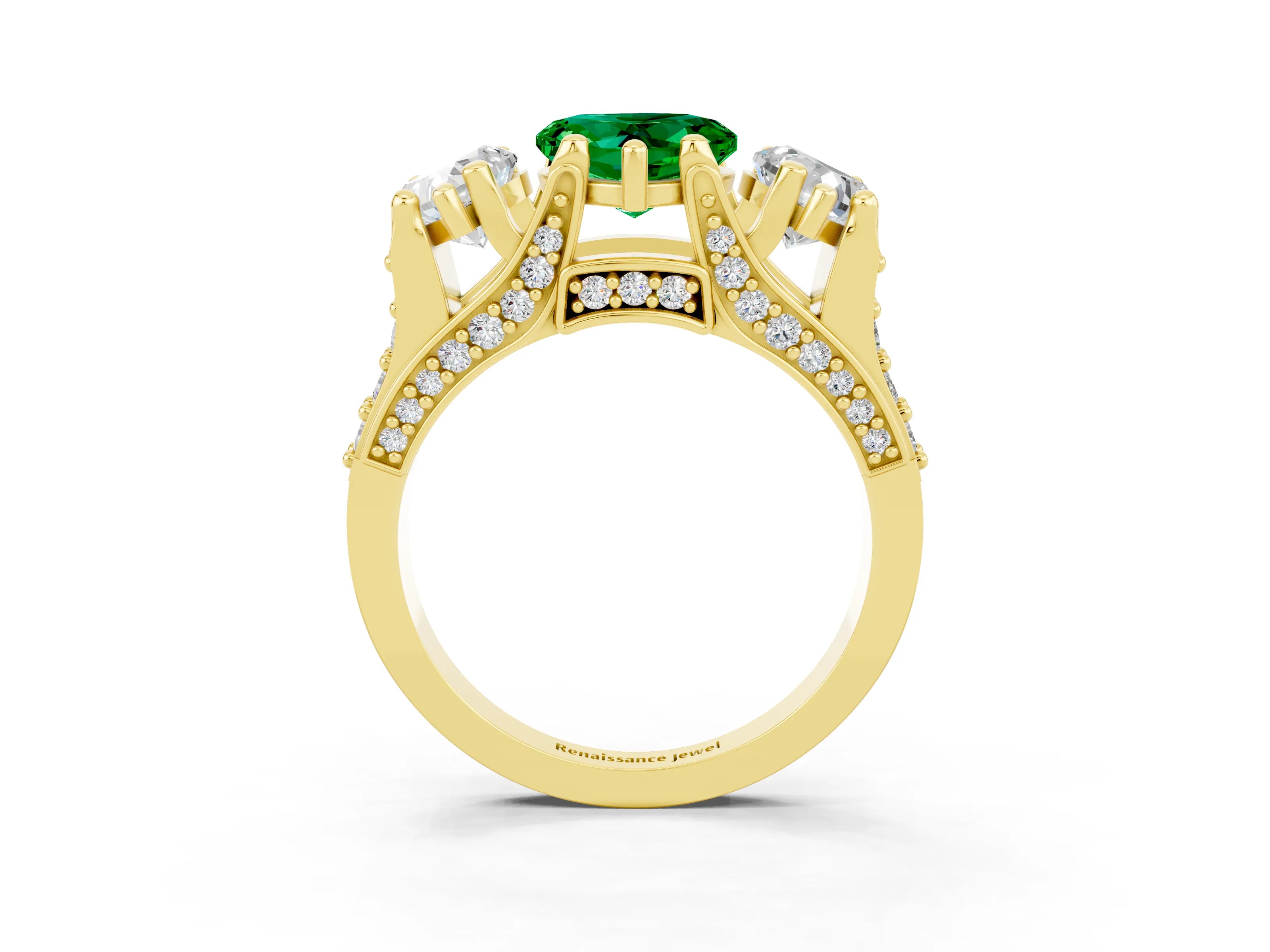 Yellow gold Heart Cut Emerald Three-Stone Ring with Channel Set Band and Four-Prong Setting_3