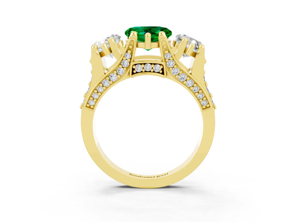 Yellow gold Heart Cut Emerald Three-Stone Ring with Channel Set Band and Four-Prong Setting