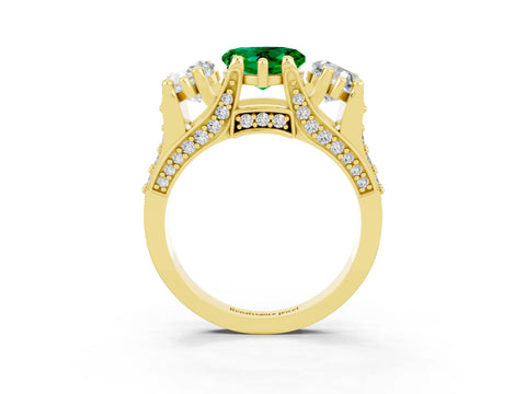 Yellow gold Heart Cut Emerald Three-Stone Ring with Channel Set Band and Four-Prong Setting_3