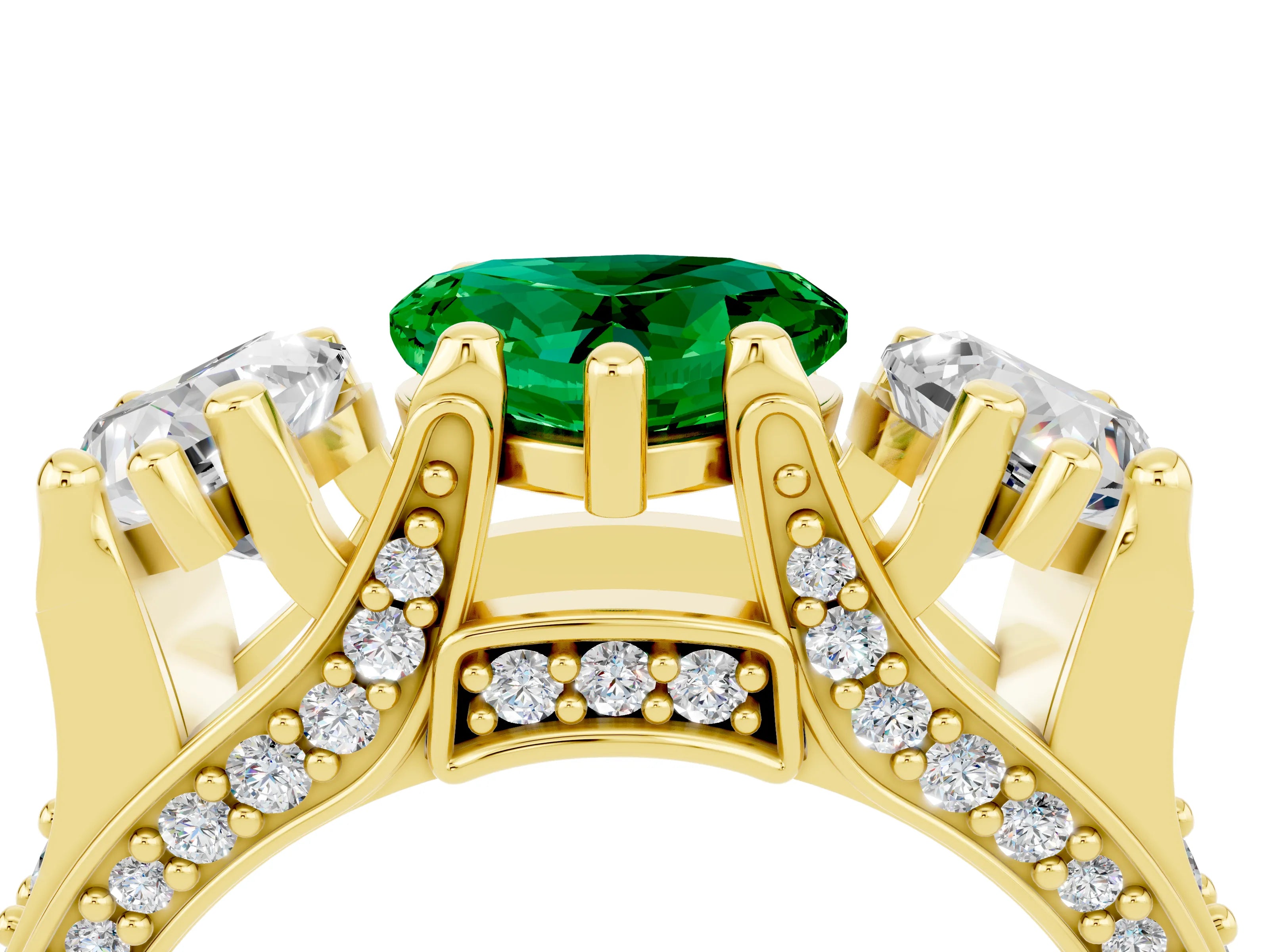 Yellow gold Heart Cut Emerald Three-Stone Ring with Channel Set Band and Four-Prong Setting_4