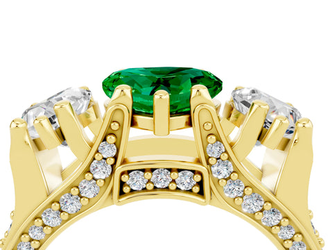 Yellow gold Heart Cut Emerald Three-Stone Ring with Channel Set Band and Four-Prong Setting_4