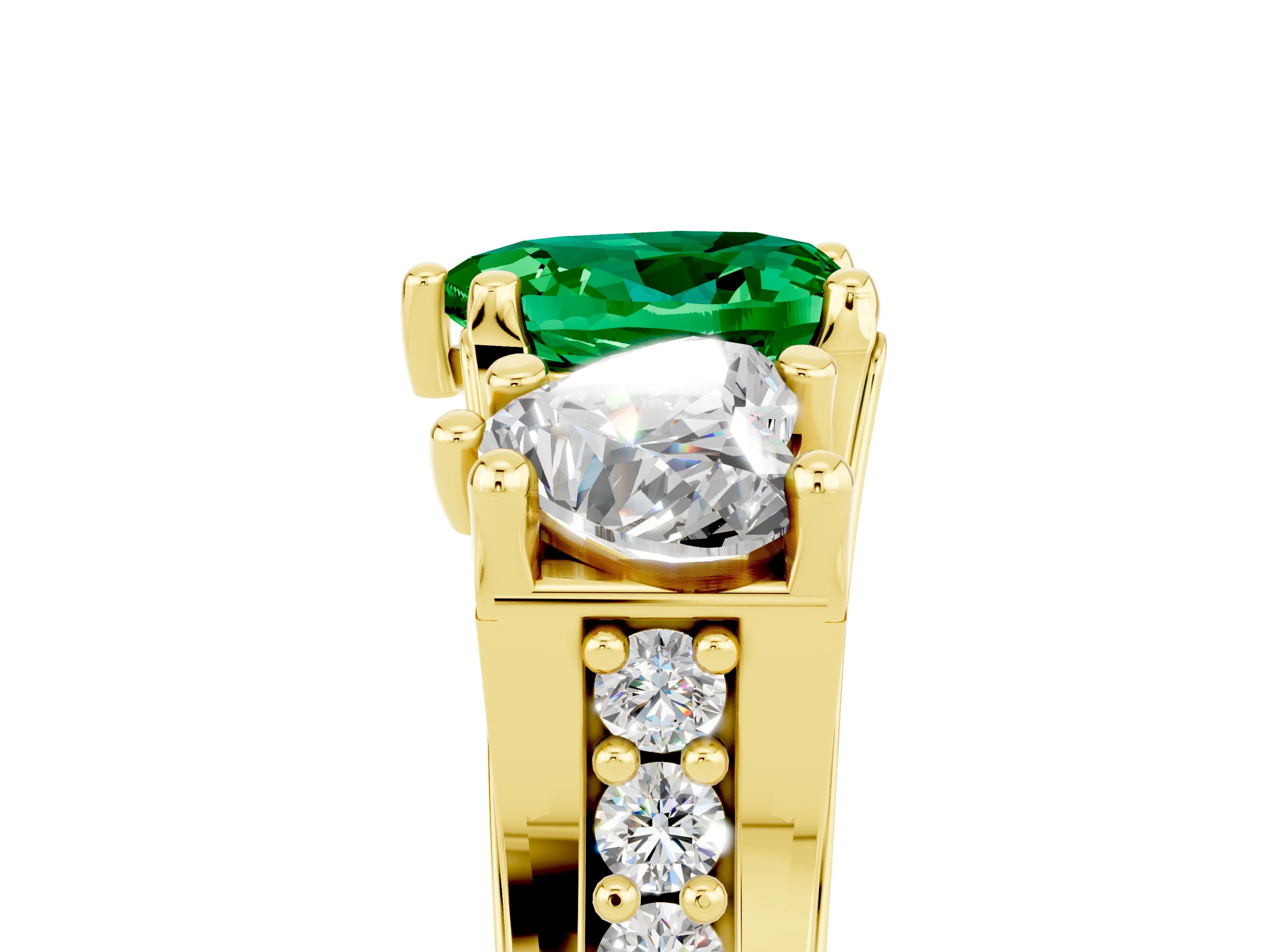 Yellow gold Heart Cut Emerald Three-Stone Ring with Channel Set Band and Four-Prong Setting_5