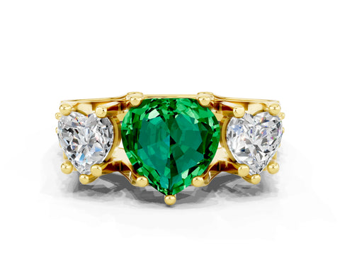 Yellow gold Heart Cut Emerald Three-Stone Ring with Channel Set Band and Four-Prong Setting
