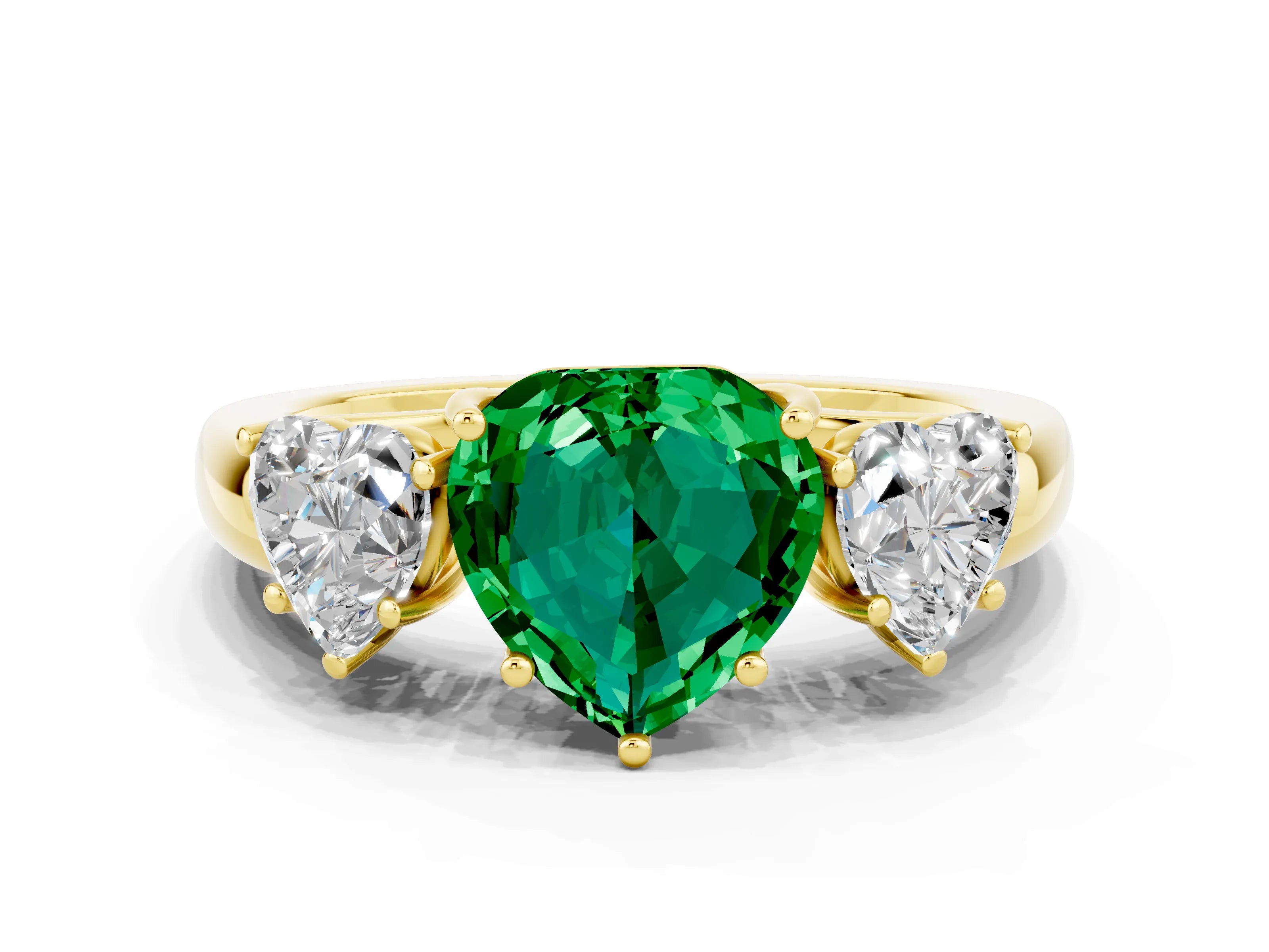 Yellow gold Heart Cut Emerald Three-Stone Ring with Four-Prong Setting and Classic Band