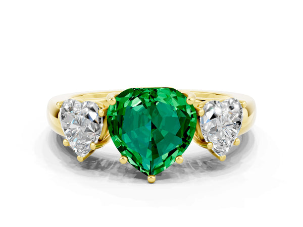 Yellow gold Heart Cut Emerald Three-Stone Ring with Four-Prong Setting and Classic Band