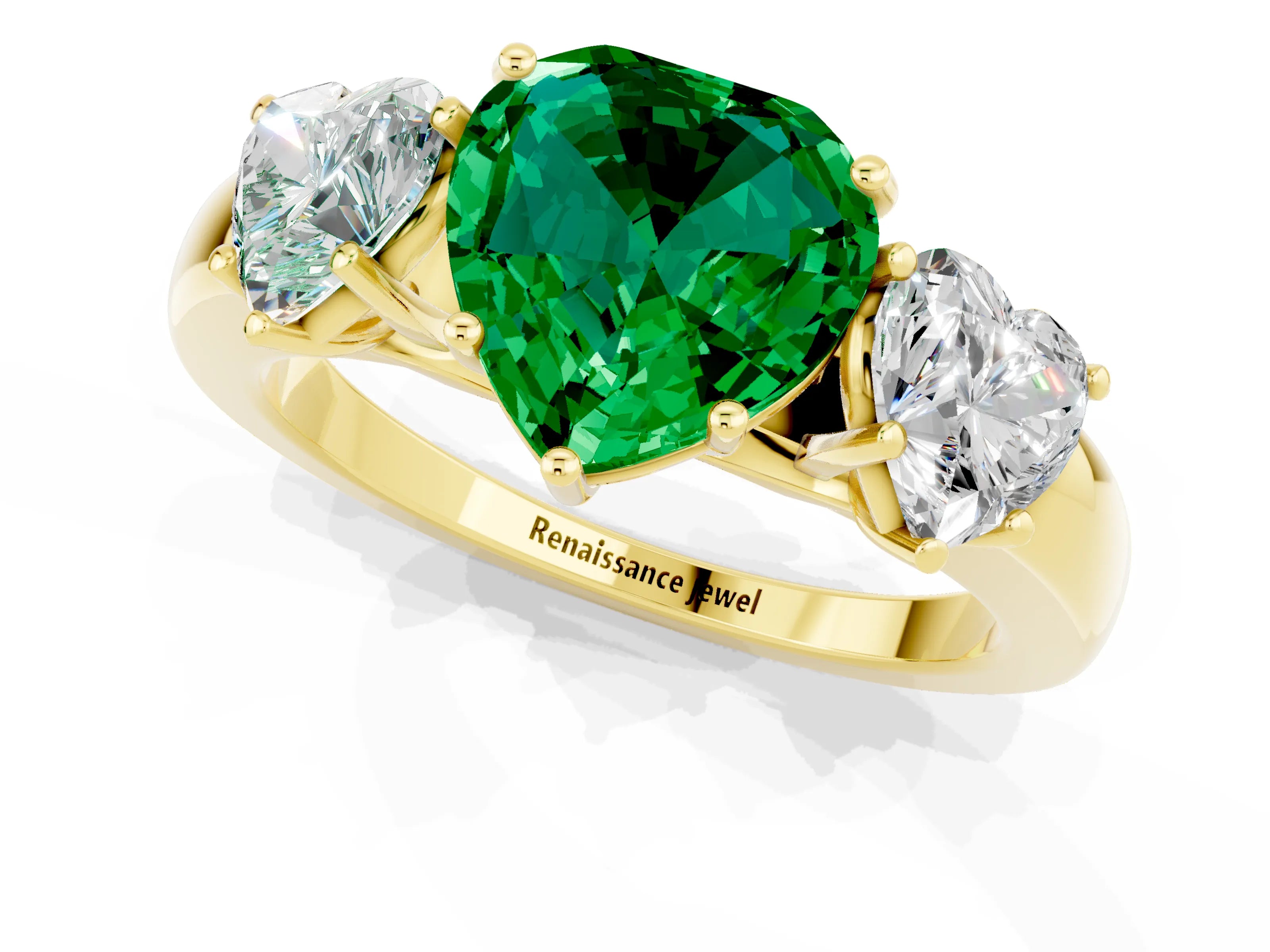 Yellow gold Heart Cut Emerald Three-Stone Ring with Four-Prong Setting and Classic Band_1
