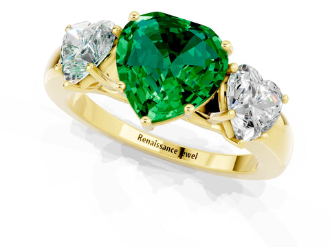 Yellow gold Heart Cut Emerald Three-Stone Ring with Four-Prong Setting and Classic Band_1
