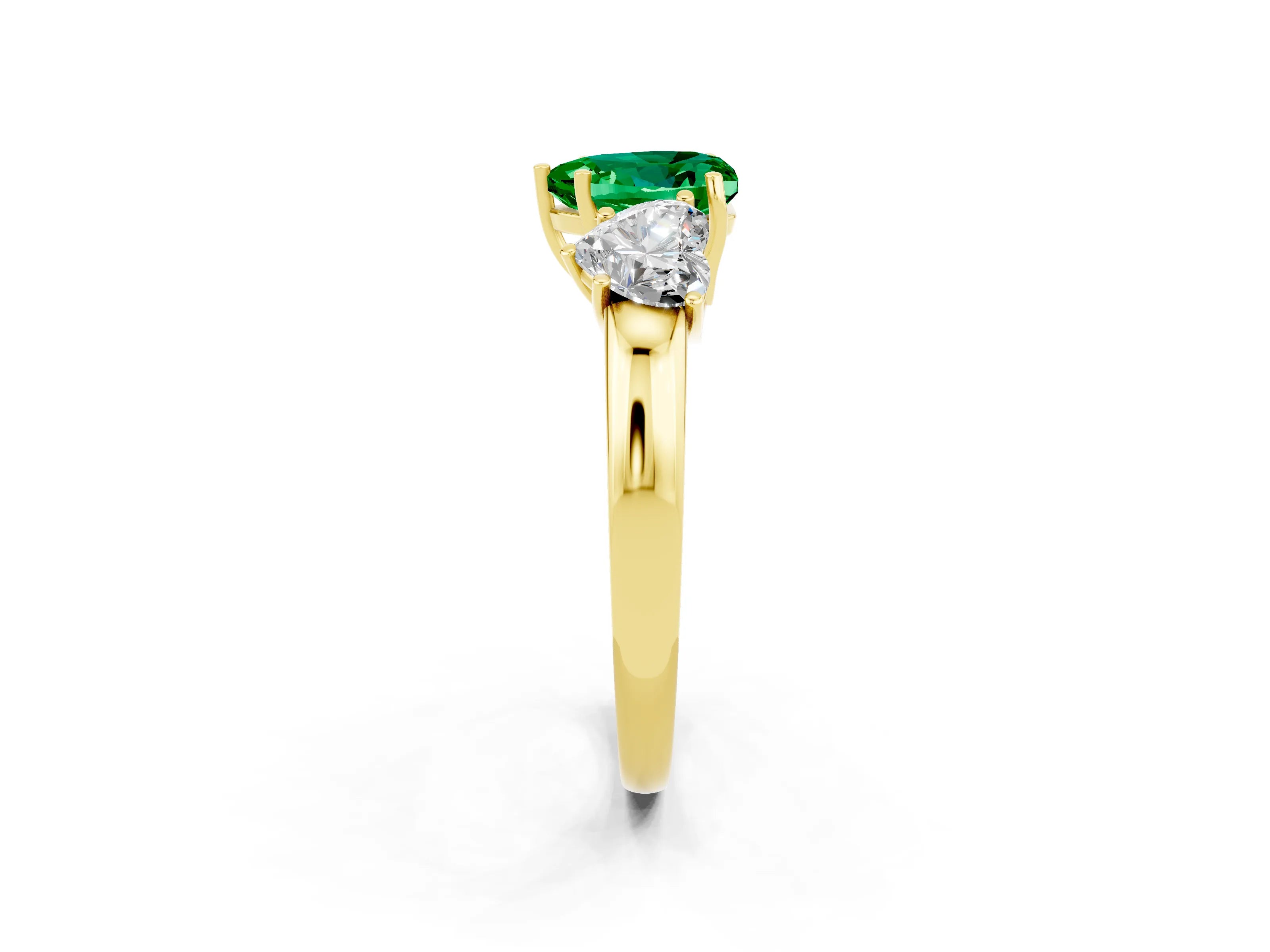 Yellow gold Heart Cut Emerald Three-Stone Ring with Four-Prong Setting and Classic Band_2