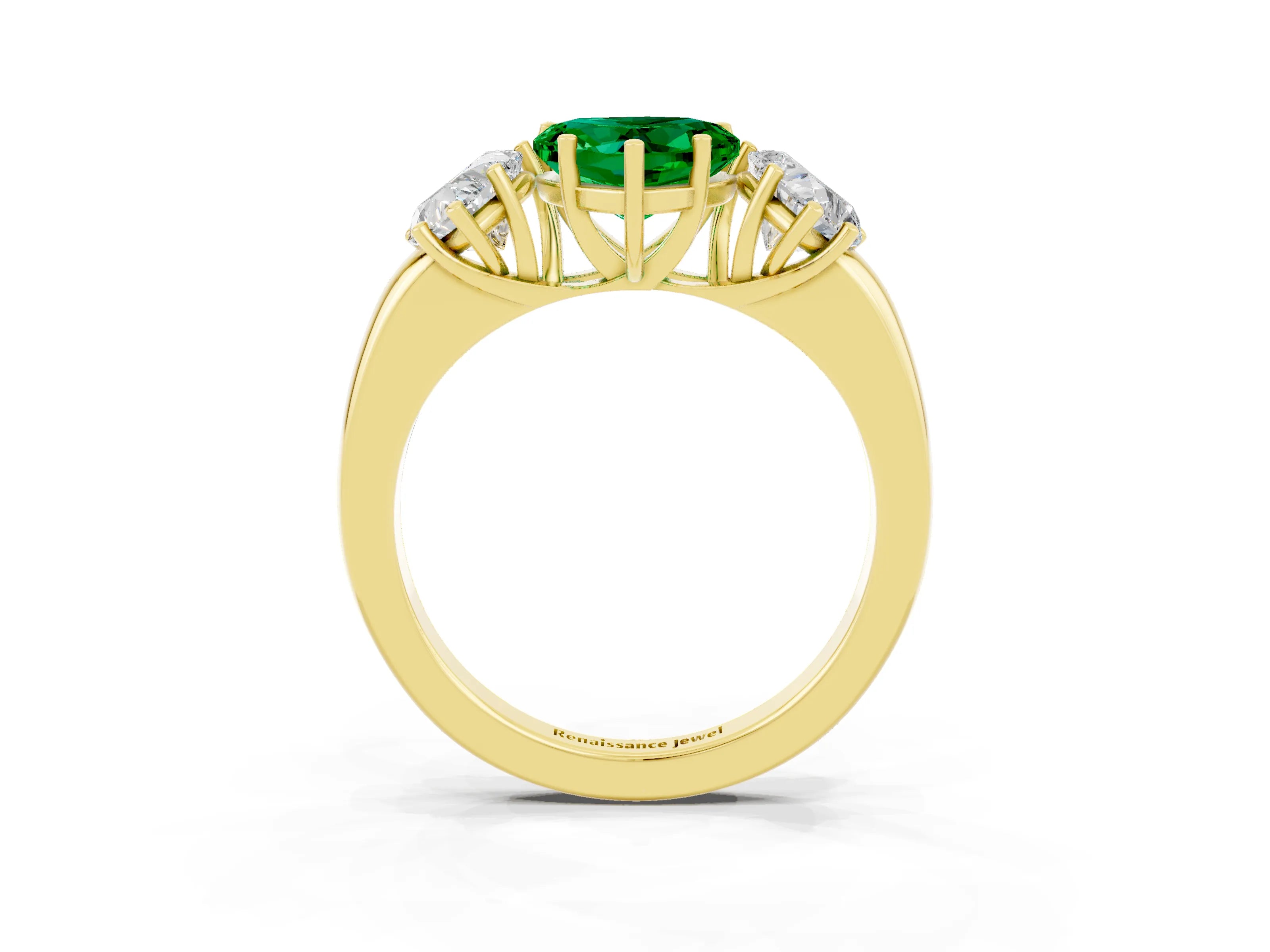 Yellow gold Heart Cut Emerald Three-Stone Ring with Four-Prong Setting and Classic Band_3