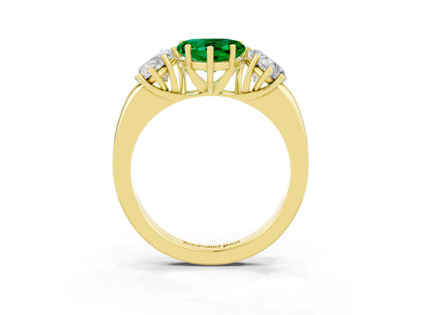 Yellow gold Heart Cut Emerald Three-Stone Ring with Four-Prong Setting and Classic Band