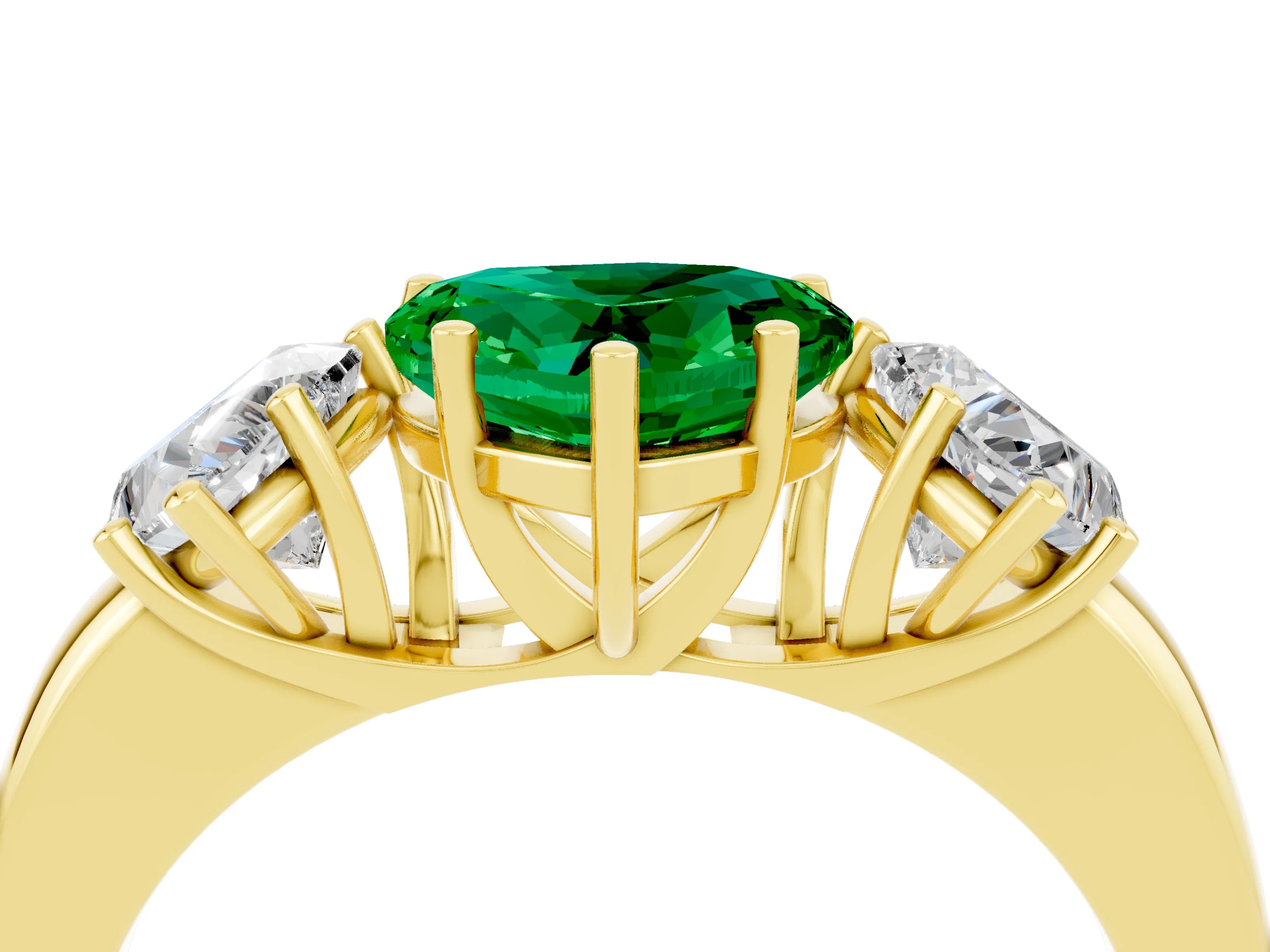 Yellow gold Heart Cut Emerald Three-Stone Ring with Four-Prong Setting and Classic Band_4