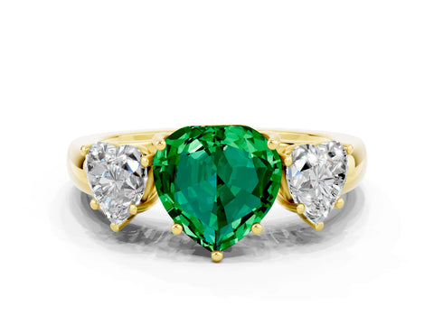 Yellow gold Heart Cut Emerald Three-Stone Ring with Four-Prong Setting and Classic Band