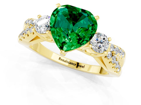 Yellow gold Heart Cut Emerald Three-Stone Ring with Pavé Split Shank and Four-Prong Setting_1