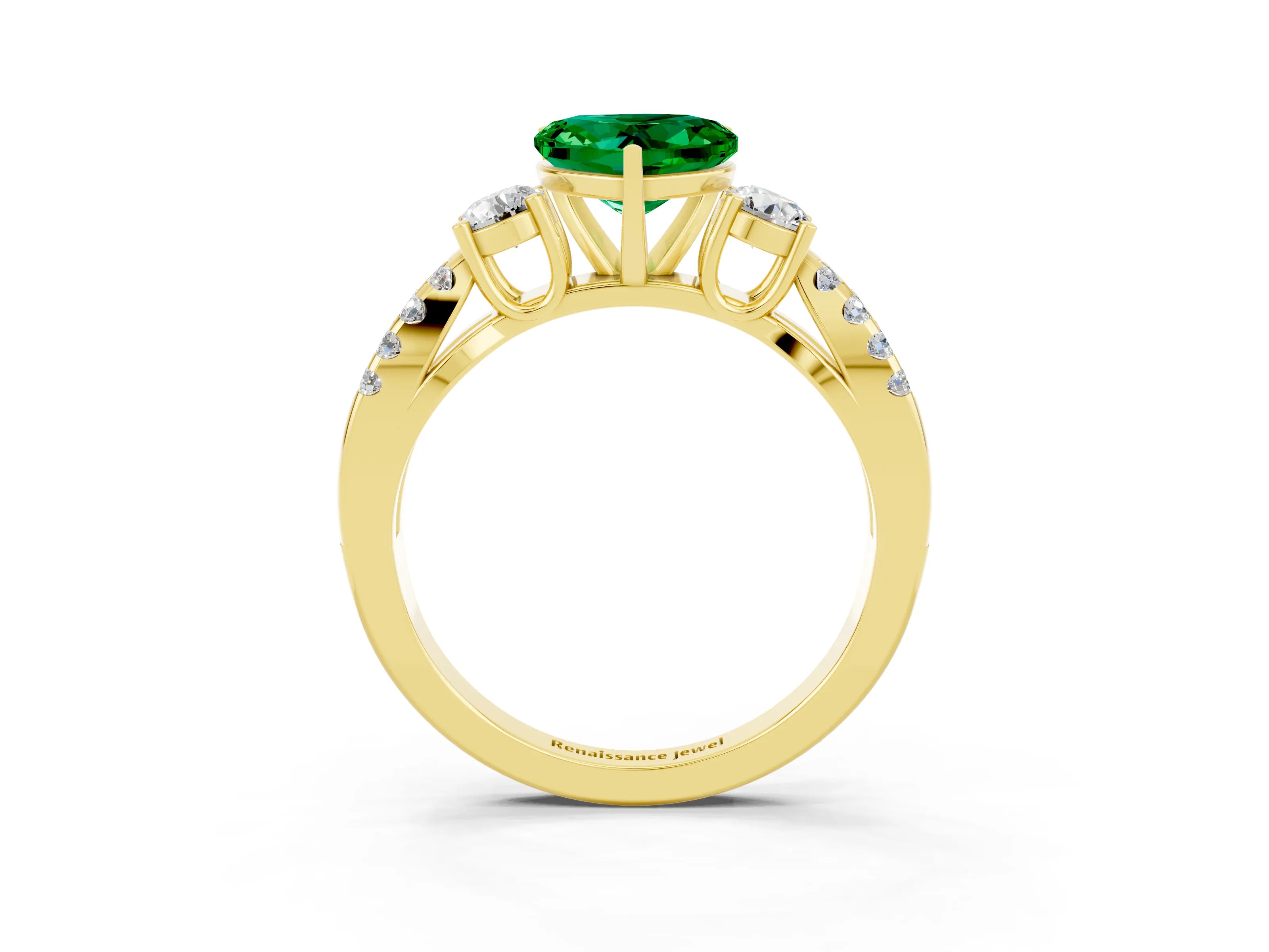 Yellow gold Heart Cut Emerald Three-Stone Ring with Pavé Split Shank and Four-Prong Setting_3