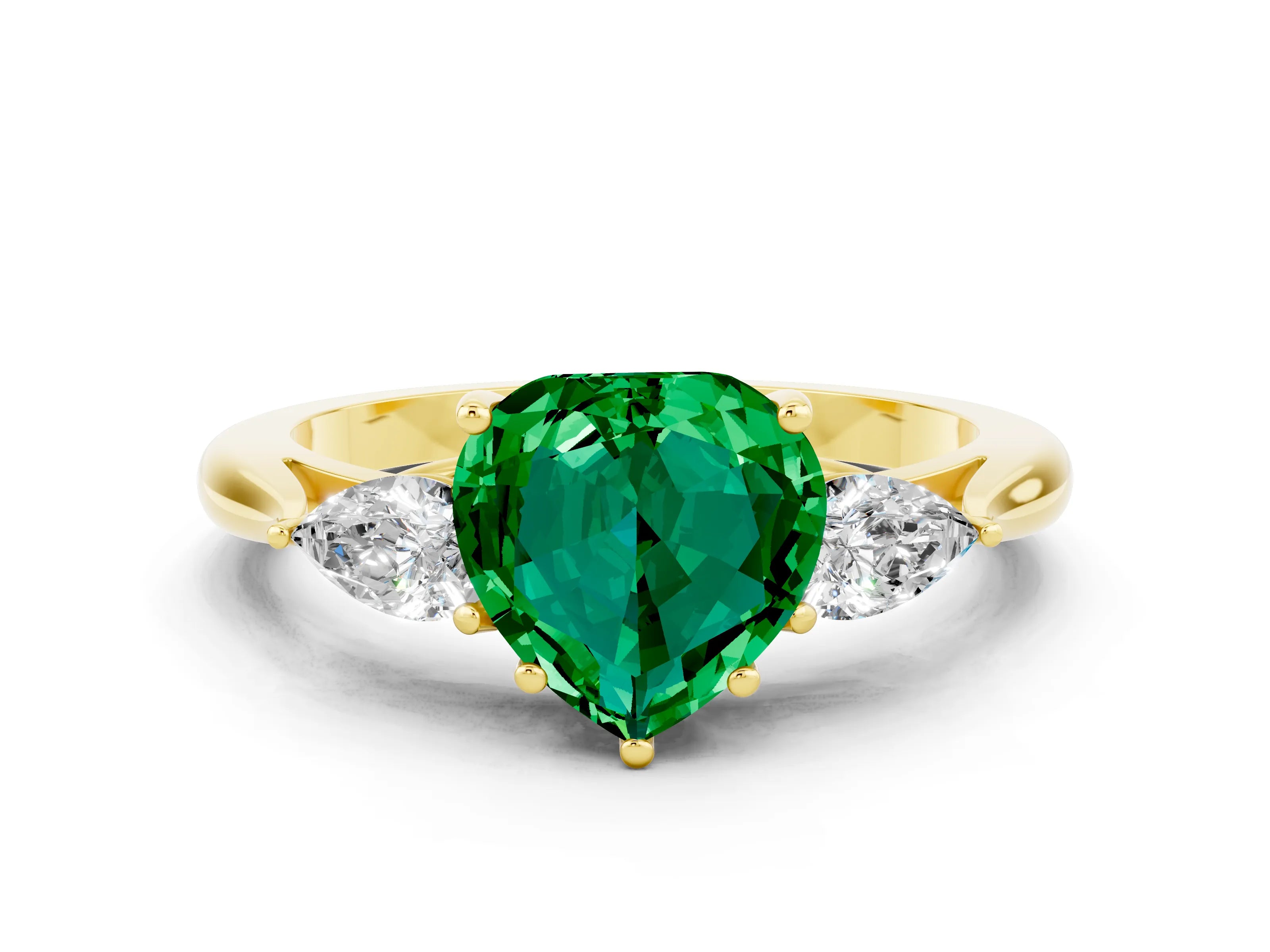 Yellow gold Heart Cut Emerald Three-Stone Ring with Pear Side Stones and Four-Prong Setting_12