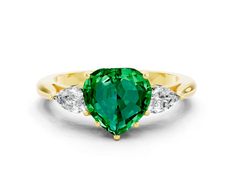 Yellow gold Heart Cut Emerald Three-Stone Ring with Pear Side Stones and Four-Prong Setting_12