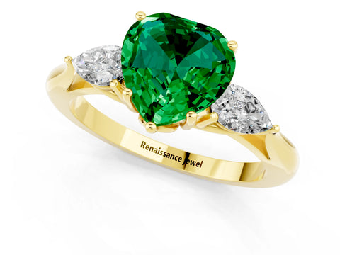 Yellow gold Heart Cut Emerald Three-Stone Ring with Pear Side Stones and Four-Prong Setting_13
