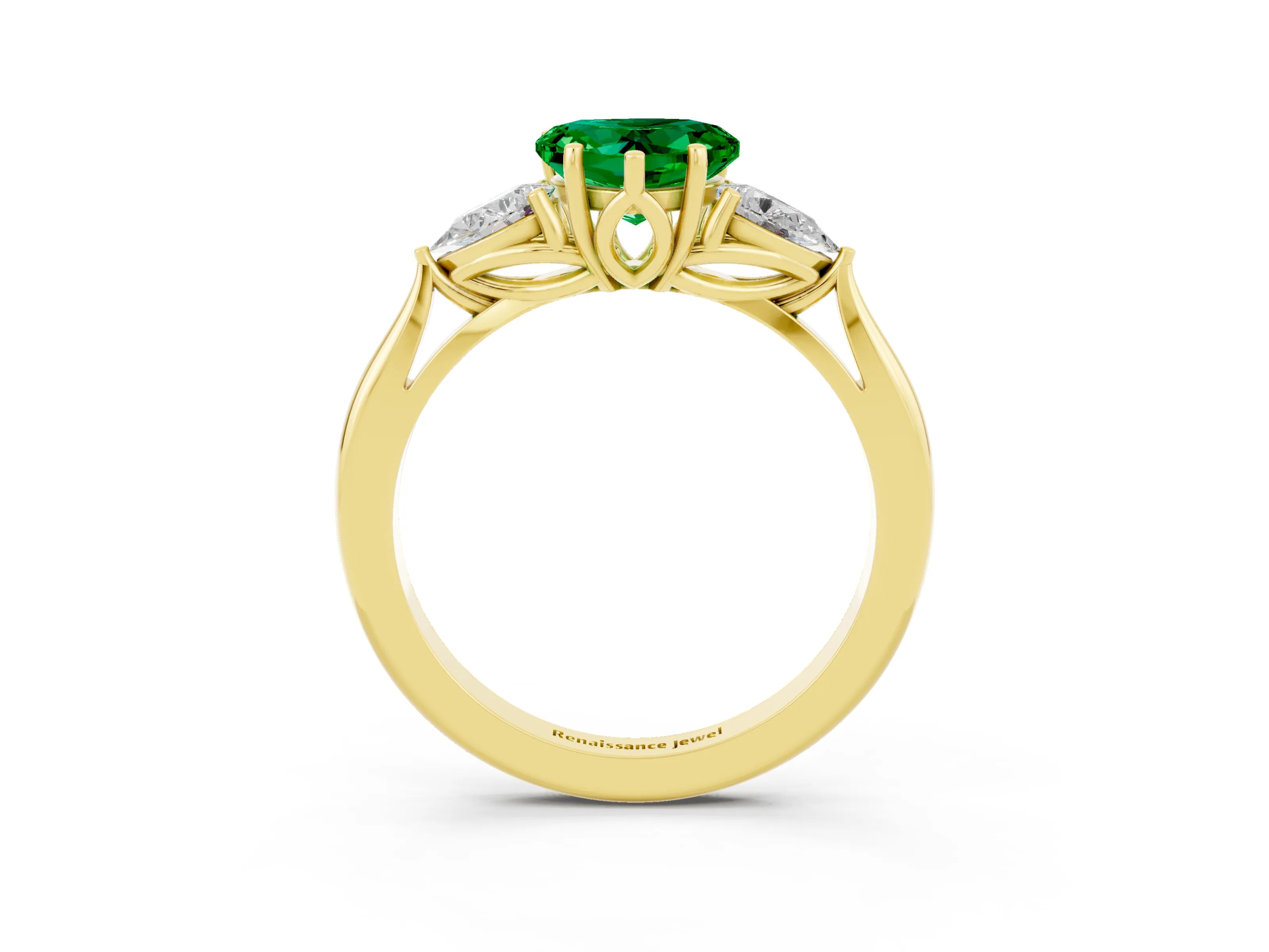 Yellow gold Heart Cut Emerald Three-Stone Ring with Pear Side Stones and Four-Prong Setting_15