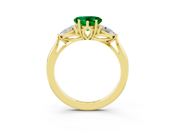 Yellow gold Heart Cut Emerald Three-Stone Ring with Pear  Side Stones and Prong Setting