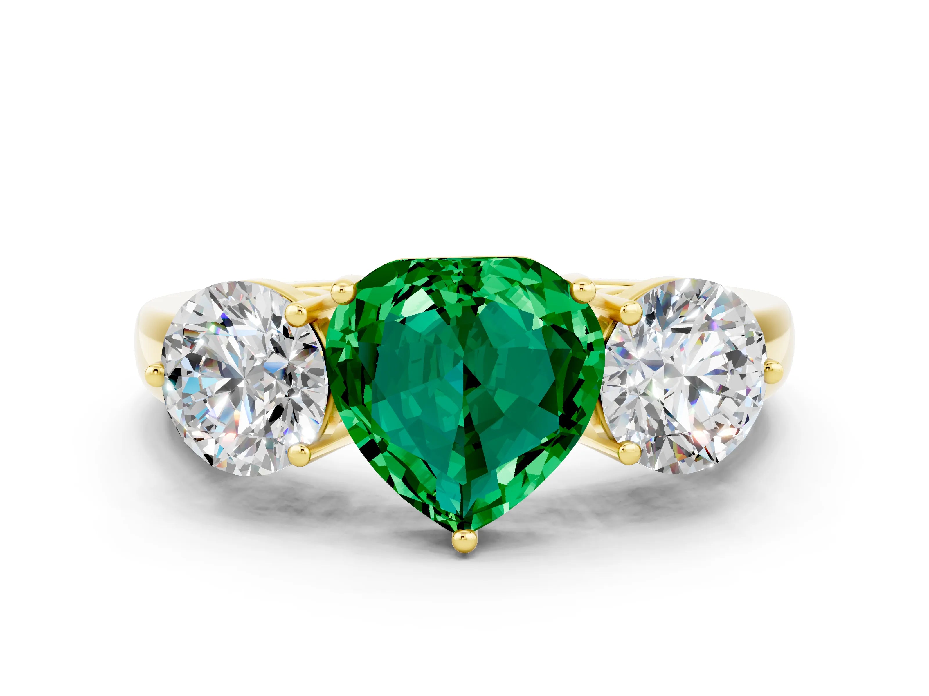 Yellow gold Heart Cut Emerald Three-Stone Ring with Prong Setting and Classic Band