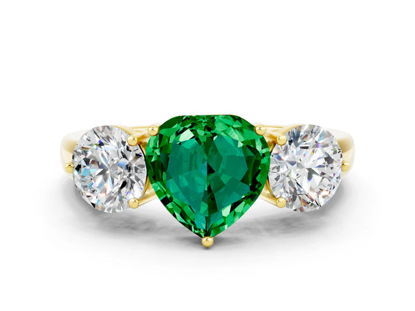 Yellow gold Heart Cut Emerald Three-Stone Ring with Prong Setting and Classic Band