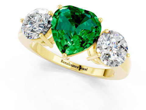 Yellow gold Heart Cut Emerald Three-Stone Ring with Prong Setting and Classic Band_1