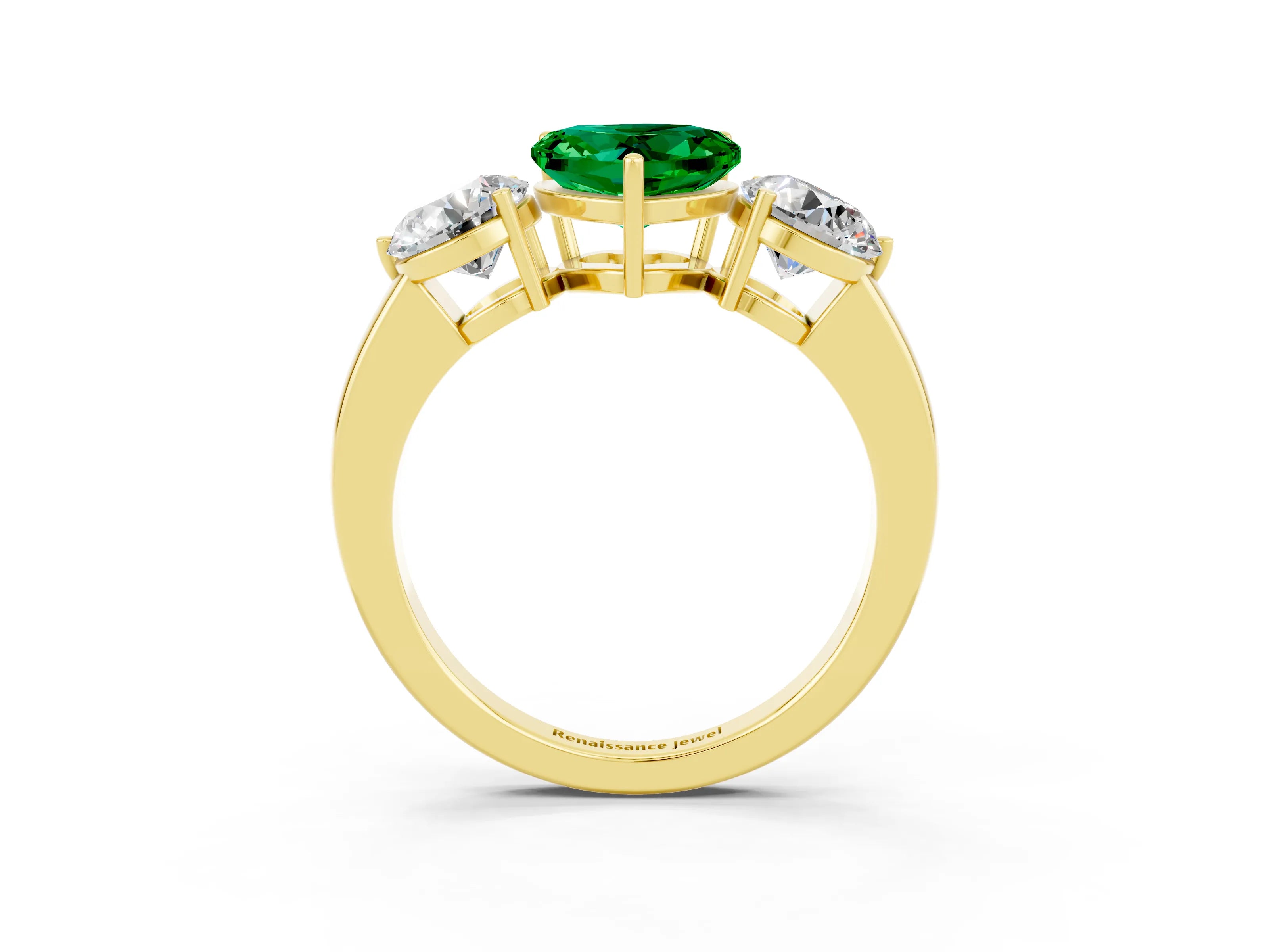 Yellow gold Heart Cut Emerald Three-Stone Ring with Prong Setting and Classic Band_3
