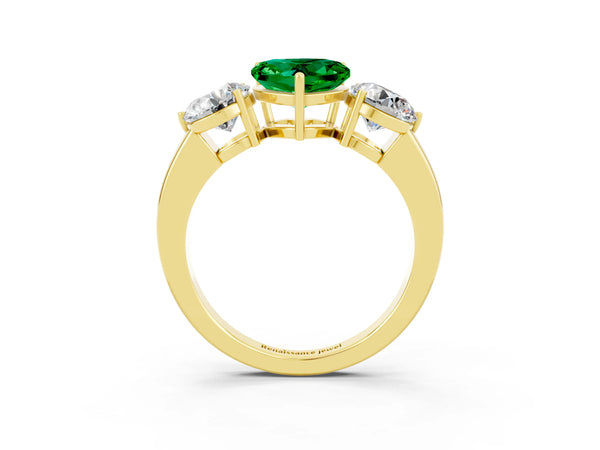 Yellow gold Heart Cut Emerald Three-Stone Ring with Prong Setting and Classic Band