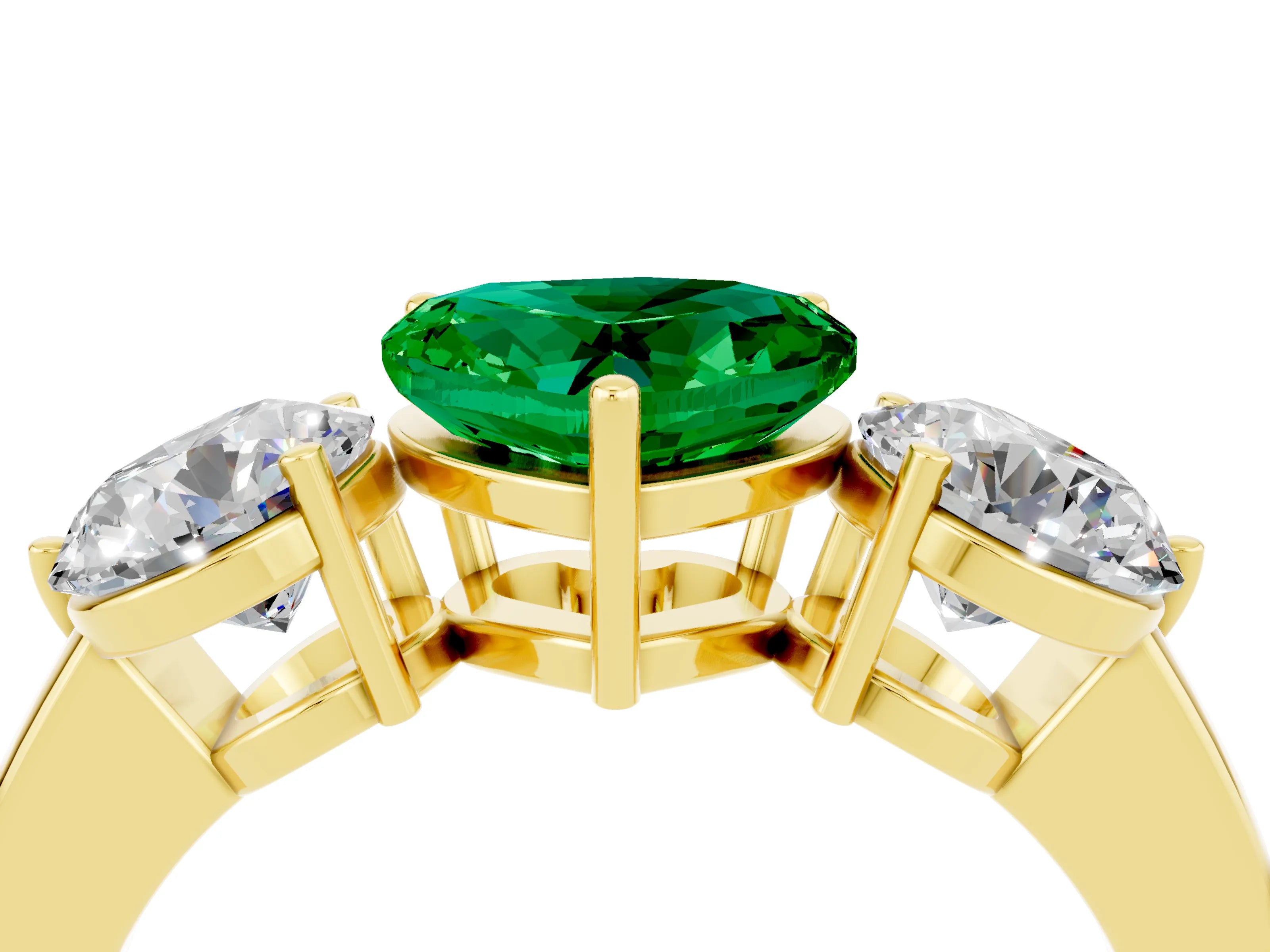Yellow gold Heart Cut Emerald Three-Stone Ring with Prong Setting and Classic Band_4