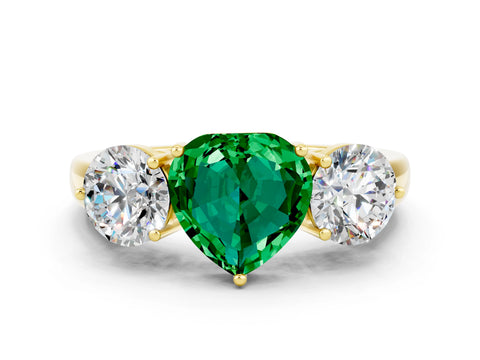 Yellow gold Heart Cut Emerald Three-Stone Ring with Prong Setting and Classic Band
