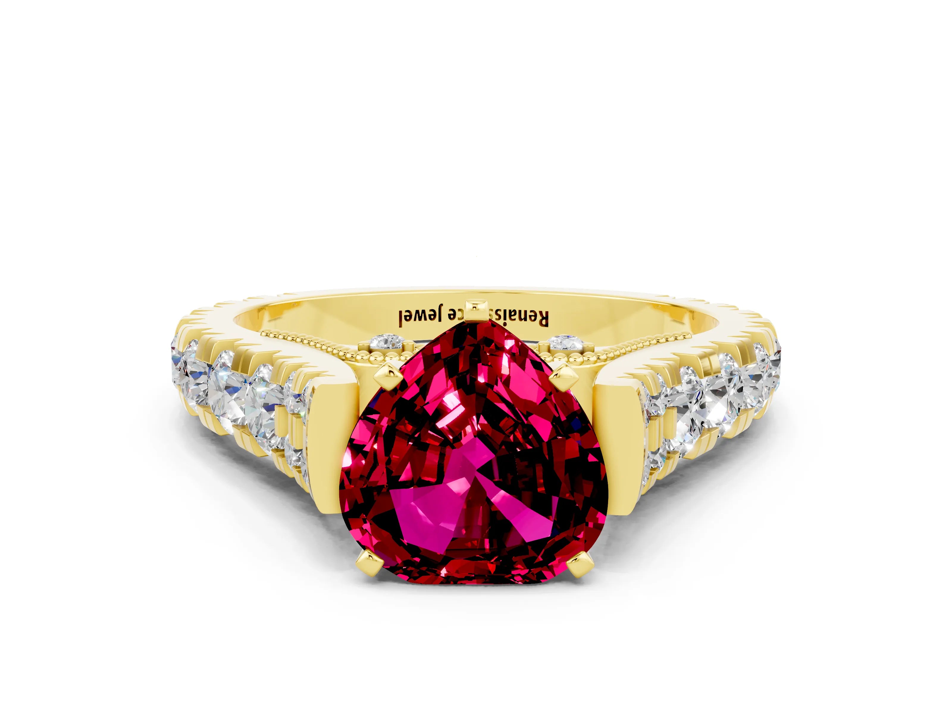 Yellow gold Heart Cut Garnet Classic Solitaire Ring with Pavé Band and Four-Prong Setting