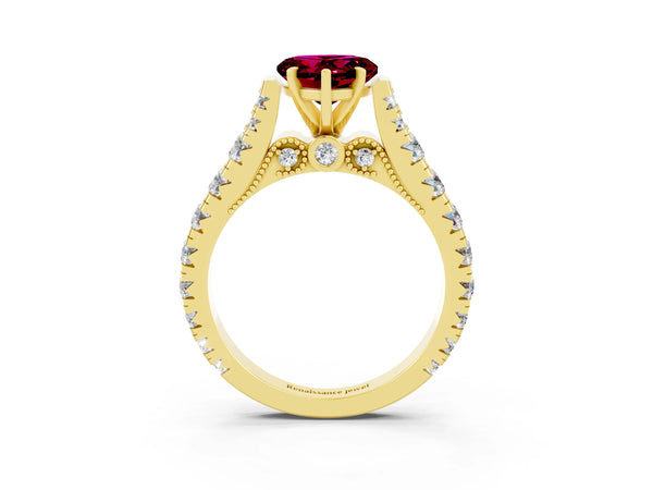 Yellow gold Heart Cut Garnet Classic Solitaire Ring with Pavé Band and Four-Prong Setting