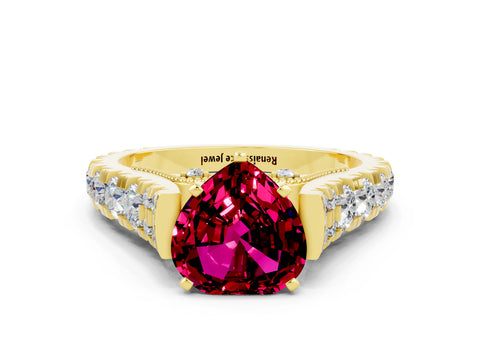 Yellow gold Heart Cut Garnet Classic Solitaire Ring with Pavé Band and Four-Prong Setting