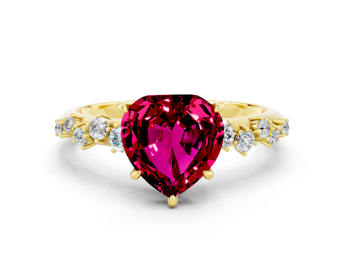 Yellow gold Heart Cut Garnet Cluster Side Stone Solitaire Ring with Prong Setting_24