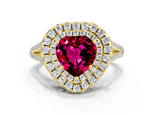 Yellow gold Heart Cut Garnet Double Halo Ring with Pavé Band and Prong Setting
